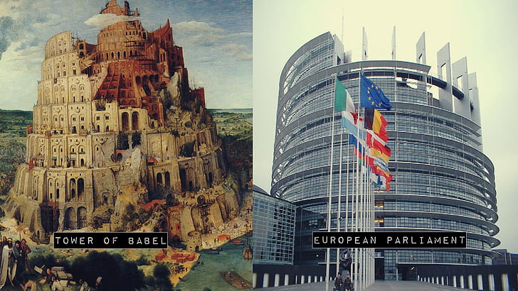 Tour de Babel, Union européenne, collage, architecture, Fond d'écran HD