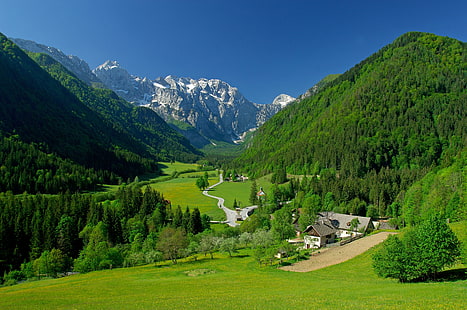 printemps, vallée alpine, montagnes, champs, paysage, arbres verts, printemps, vallée alpine, montagnes, champs, paysage, Fond d'écran HD HD wallpaper