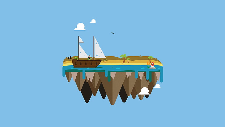 biało-brązowa ilustracja statku, wektor, wyspa, pływająca wyspa, piraci, syreny, butelki, skała, plaża, statek, Tapety HD