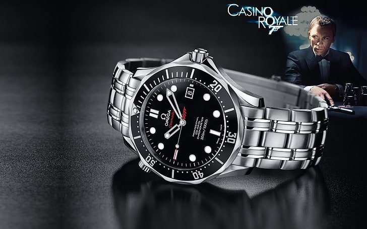 круглые серебристые аналоговые часы Omega с ремешком для часов, макро, фильм, Casino Royale, часы, James Bond, 007, омега, Seamaster, Дэниел Крейг КрэйгDaniel, HD обои
