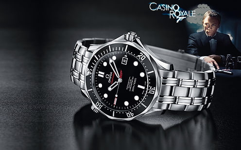 круглые серебристые аналоговые часы Omega с ремешком для часов, макро, фильм, Casino Royale, часы, James Bond, 007, омега, Seamaster, Дэниел Крейг КрэйгDaniel, HD обои HD wallpaper
