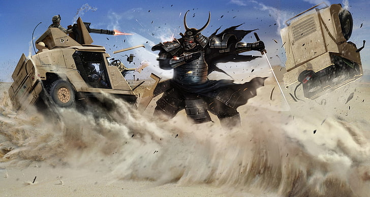 Samouraï découpant le papier peint du char de combat, sable, machine, désert, épée, katana, art, samouraïs, soldats, hummer, adonihs, Fond d'écran HD