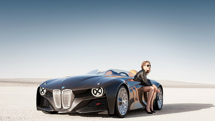 female sitting on black sports convertible on desert, BMW 328, Hommage, concept, supercar, luxury cars, sports car, review, test drive, speed, cabriolet, front, HD wallpaper