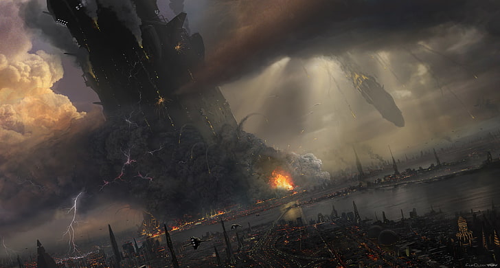 fondo de pantalla del juego de buque de guerra, la explosión, la ciudad, futuro, ficción, arte, ciencia ficción, Fondo de pantalla HD