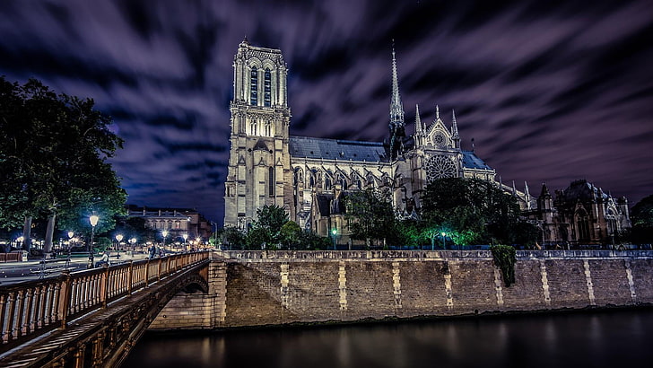 building, seine river, notre-dame, europe, france, paris, tower, evening, lighting, cathedral, landmark, notre dame, city, architecture, cityscape, tourist attraction, sky, seine, river, night, HD wallpaper