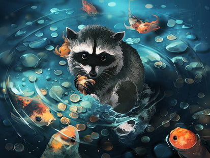  Fantasy Animals, Animal, Coin, Fish, Raccoon, HD wallpaper HD wallpaper