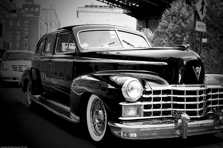 grayscale photography of classic car on road beside street sign, Wedding, Arts Center, Under the Bridge, Festival, 10D, P1, L1, C23, BW, SML, grayscale, classic car, on road, street sign, Black and White, Brooklyn, Canon.10D, f2, DAC, DUMBO, Gothamist, NYC, New York  New York, New York City, Photography, ming, cadillac, car, creativity, culture, fine art, fun, journalism, photojournalism, vehicle, Art.Festival, inspiration, Galleries, retro Styled, old-fashioned, old, transportation, land Vehicle, classic, chrome, obsolete, antique, collector's Car, vintage Car, mode of Transport, history, HD wallpaper