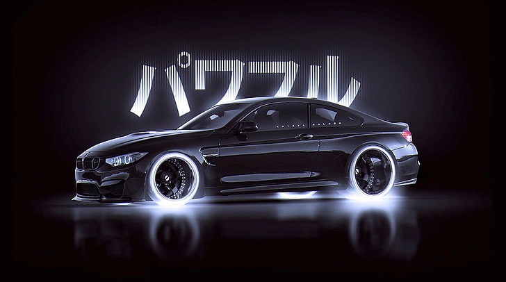 czarna ilustracja BMW sedan, BMW, Japonia, samochód, czarny, styl, autor: Khyzyl Saleem, M4, Tapety HD