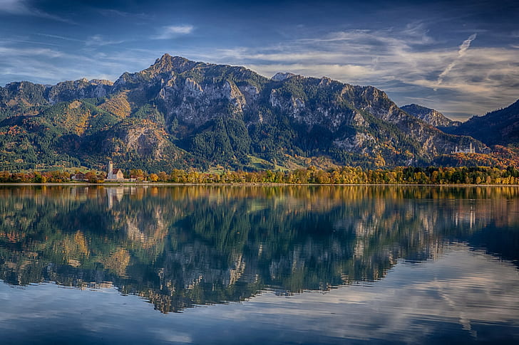 Göl Forggensee, Bavyera, Almanya, Göl Forggensee, Bavyera, almanya, Alpler, Neuschwanstein Şatosu, dağlar, yansıma, HD masaüstü duvar kağıdı