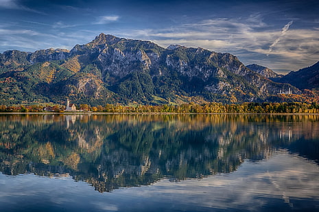Езерото Форгензее, Бавария, Германия, езерото Форгензее, Бавария, Германия, Алпите, замъкът Нойшванщайн, планини, отражение, HD тапет HD wallpaper