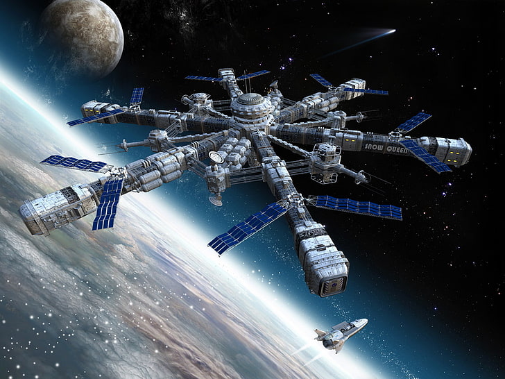ilustrasi pesawat putih dan biru, luar angkasa, planet, stasiun, pesawat ulang-alik, docking, Wallpaper HD
