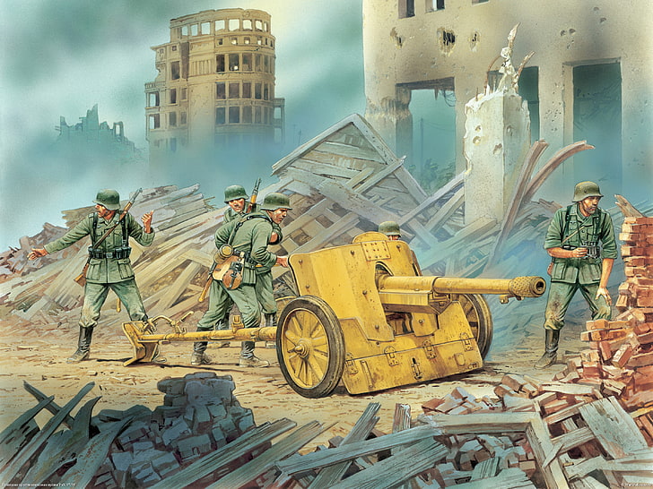 yellow canon illustration, the city, figure, gun, art, the ruins, The second world war, 5 cm, calculation, German, position, anti-tank, fire, PaK 97/38, HD wallpaper