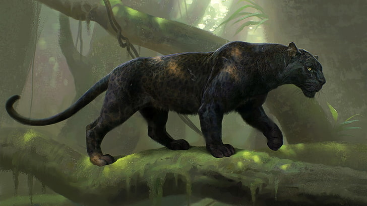 пантера гуляет по ветке дерева, цифровое искусство, черная пантера, HD обои