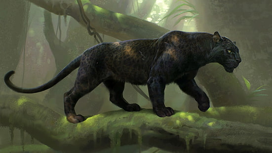 пантера се разхожда по клона на дървото, дигитално изкуство, черна пантера, HD тапет HD wallpaper