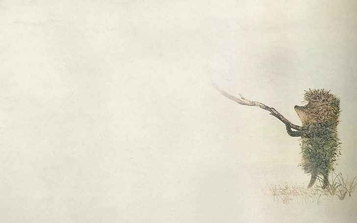 animal holding tree branch wallpaper, fog, minimalism, weed, stick, darkish, hedgehog in the fog, HD wallpaper