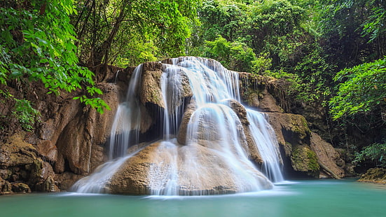 vattenfall, natur, vatten, huay maekamin vattenfall, kanchanaburi, mae kra bung, vattensamling, asien, thailand, huay maekamin vattenfall, ränna, huay maekamin falls, HD tapet HD wallpaper