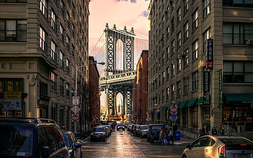 Brooklyn Park, Manhattan Bridge, USA, edifici, strada, automobili, Brooklyn, Park, Manhattan, Bridge, Stati Uniti d'America, edifici, strada, Automobili, Sfondo HD HD wallpaper