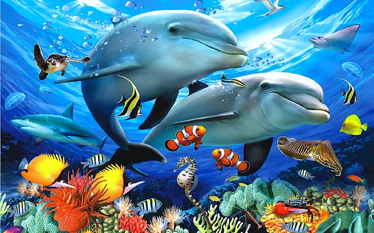 Ozean Meereswellen Unterwasser Tiere Delfine Exotische Bunte Fische Schlückchen Korallen Unterwasser Landschaft Paradies Kunst Gemälde Meerestiere 1920 × 1200, HD-Hintergrundbild