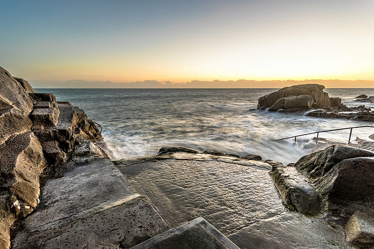 rocks and body of water during golden time, Sunrise, Sandycove, Dublin, rocks, body of water, golden time, clouds, dawn, day, europe, ireland, konica minolta, landscape, light, long exposure, motion, natural, night, orange, photo, photography, sea, seascape, sky, sony a7, travel, water, wideangle, sunset, beach, coastline, rock - Object, nature, outdoors, scenics, sunrise - Dawn, HD wallpaper
