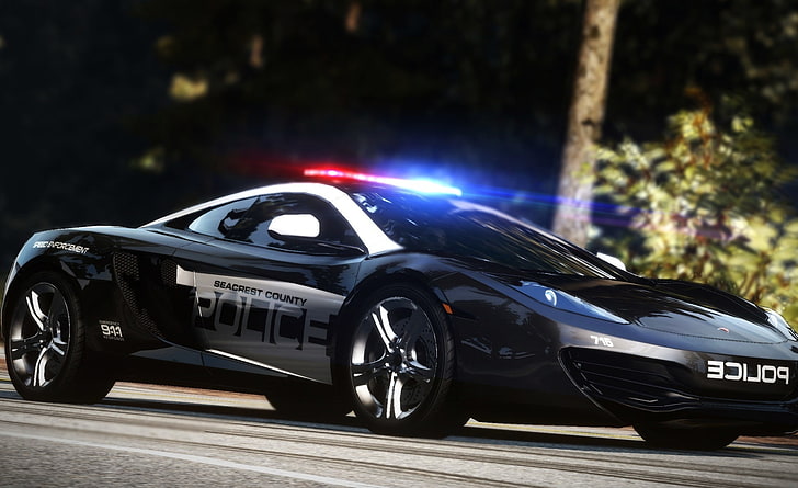 Carro de polícia Need for Speed ​​Hot Pursuit, preto McLaren MP4-12C, Jogos, Need For Speed, videogames, carro, polícia, supercarro, nfs hot perseguição, perseguição quente, perseguição, nfs, HD papel de parede