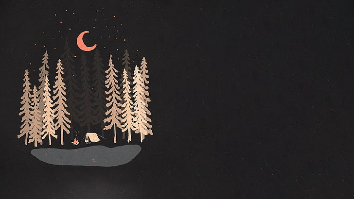 черно и бяло борово дърво илюстрация, цифрово изкуство, черен фон, минимализъм, нощ, гора, къмпинг, дървета, Луна, палатка, огън, пръскане на боя, звезди, езеро, HD тапет