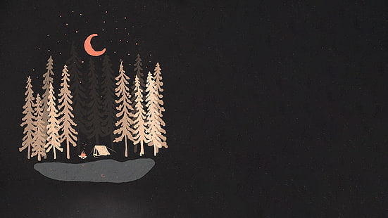 черно-белая иллюстрация сосны, цифровое искусство, черный фон, минимализм, ночь, лес, кемпинг, деревья, луна, палатка, огонь, брызги краски, звезды, озеро, HD обои HD wallpaper