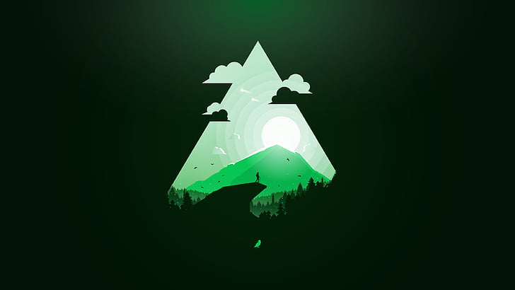 człowiek stojący na klifie z zielonym tłem góry, raj, zieleń, podróż, zachód słońca, 4k, Tapety HD