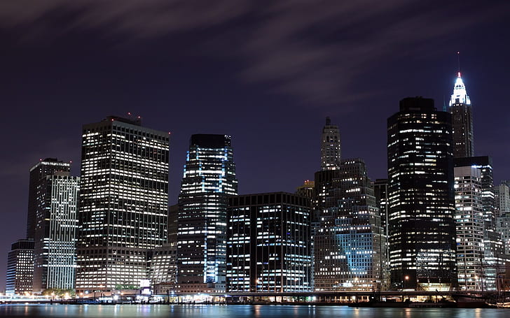 Noche en Nueva York, horizonte de la ciudad por la noche, Nueva York, Fondo de pantalla HD