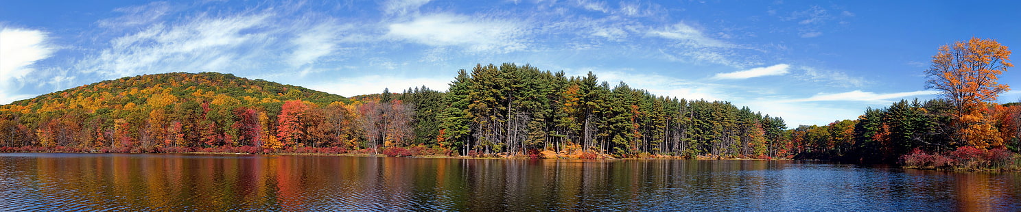 tela tripla, paisagem, grande angular, floresta, outono, folhas vermelhas, HD papel de parede HD wallpaper