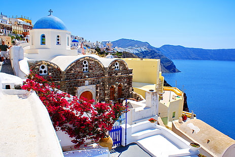 青いドームサントリーニ島ギリシャ、海、風景、自然、家、サントリーニ島、ギリシャ、 HDデスクトップの壁紙 HD wallpaper