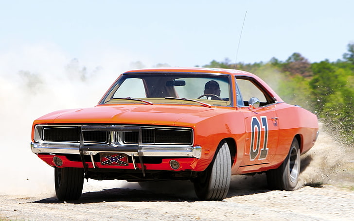The Dukes of Hazzard General Lee's 1967 Dodge Charger, orange, background, dust, skid, Dodge, 1969, Charger, Muscle car, General Lee, the front.Muscle car, Charger.General Lee, HD wallpaper