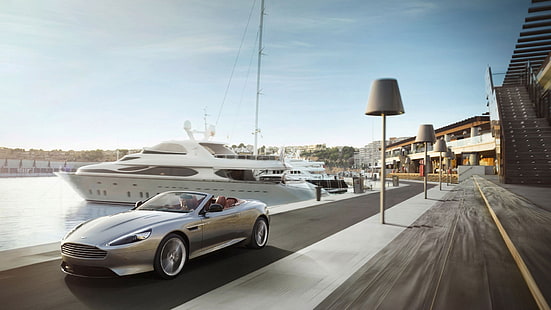 gray convertible coupe, aston martin, convertible, dock, boat, movement, HD wallpaper HD wallpaper
