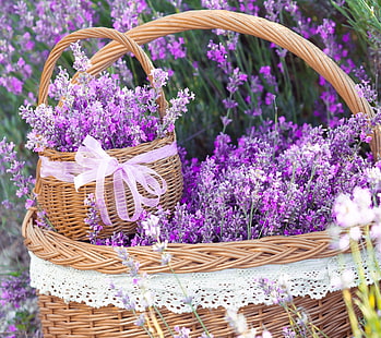 2つの丸い茶色の枝編み細工品バスケット、花、ラベンダー、バスケット、紫色の花、リボン、 HDデスクトップの壁紙 HD wallpaper