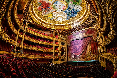 Man Made, Palais Garnier, Chandelier, Curtain, Gilded, Interior, Sculpture, Seat, The Paris Opera, The Paris Opera House, Vault, HD wallpaper HD wallpaper