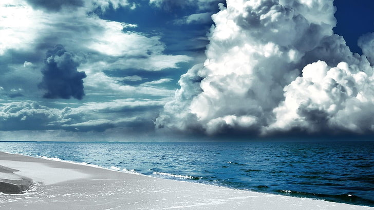 niebo, morze, chmura, ocean, horyzont, cumulus, fala, Brzeg, błękitna woda, błękitne morze, woda, dzień, niebieski ocean, spokój, pejzaż wodny, lazur, Tapety HD