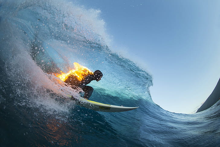 photography, surfing, waves, fire, surfboards, Jamie O'Brien, HD wallpaper