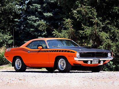 Dodge Challenger naranja y negro coupé, cuda, plymouth, muscle car, Fondo de pantalla HD HD wallpaper