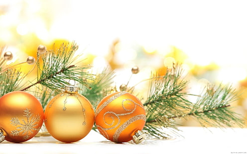 Gold christmas balls, 3 pieces orange baubles, gold, holidays, christmas, tree, balls, HD wallpaper HD wallpaper