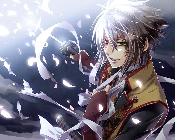 gray haired male anime character digital wallpaper, guy, eyes, sword, attack, smile, HD wallpaper