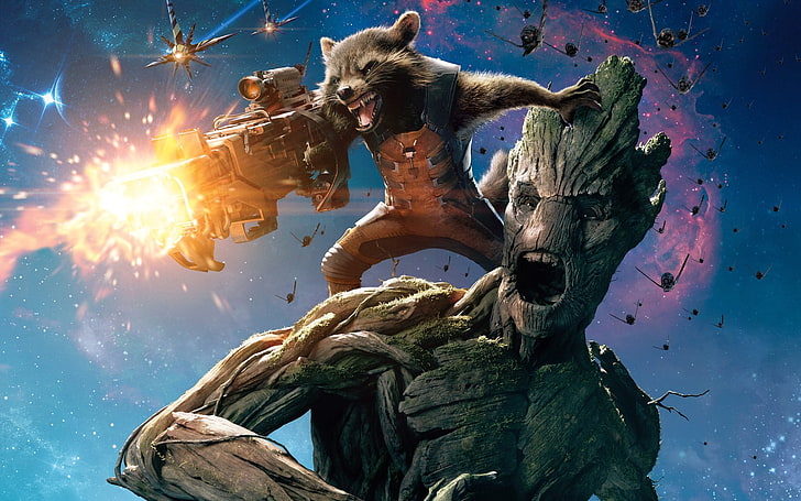 Иллюстрация Marvel Groot и Rocket Racoon, Groot, Хранители Галактики, Marvel Cinematic Universe, Ракетный Енот, HD обои