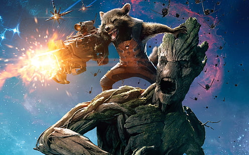 Иллюстрация Marvel Groot и Rocket Racoon, Groot, Хранители Галактики, Marvel Cinematic Universe, Ракетный Енот, HD обои HD wallpaper