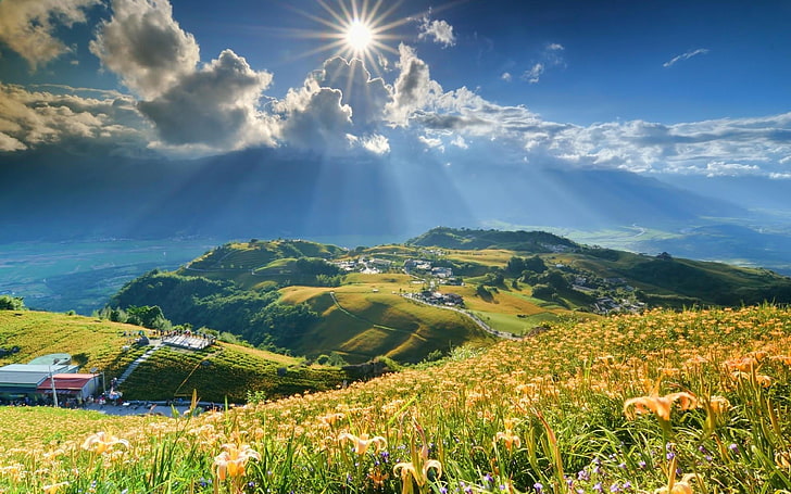 Schöner Sommer-Hintergrund-Himmel bewölkt Hügel, HD-Hintergrundbild