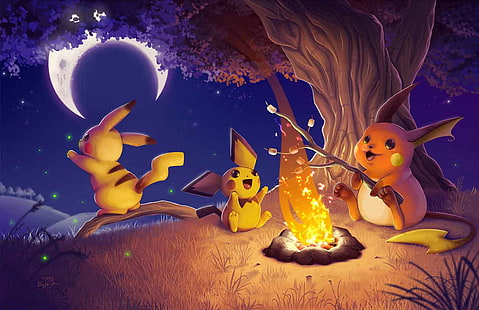 gongon, Pokémon, Pikachu, Pichu, Raichu, feu de camp, Fond d'écran HD HD wallpaper