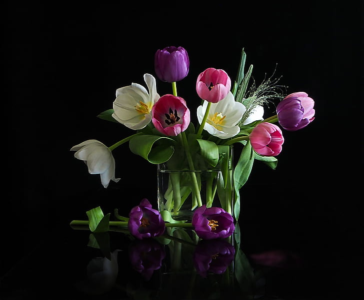 цветы, букет, тюльпаны, ваза, черный фон, HD обои