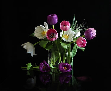 flores, ramo, tulipanes, florero, fondo negro, Fondo de pantalla HD HD wallpaper