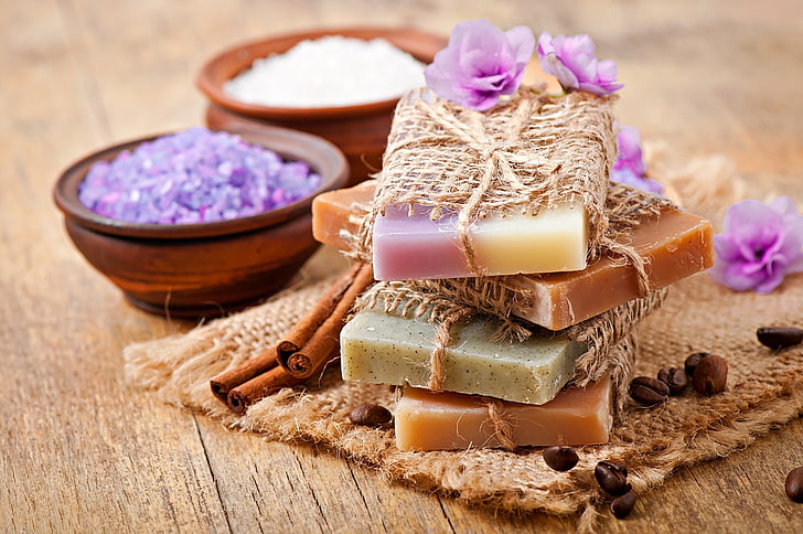 four assorted-color soap bars, flowers, soap, relax, Spa, coffee, lavender, salt, natural, HD wallpaper