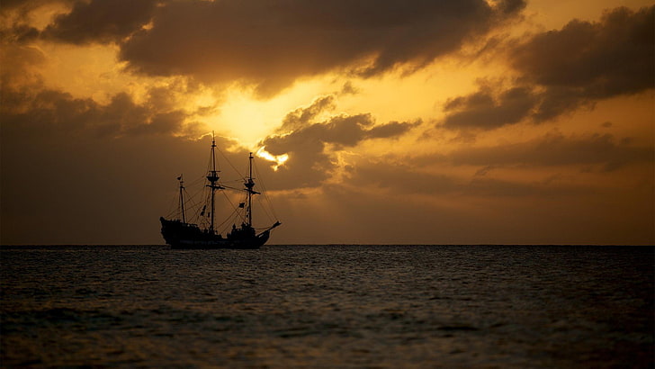 caribe, atrapado, piratas, algunos, puesta de sol, Fondo de pantalla HD