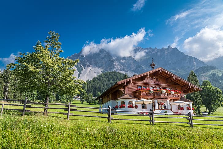 trees, mountains, house, the fence, Austria, Alps, lawn, Styria, Ramsau am Dachstein, HD wallpaper