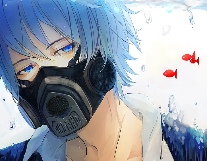 male anime character illustration, vocaloid, kaito, male, mask, fish, HD wallpaper