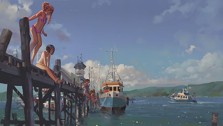 аниме герой на док близо до водоем тапет, аниме момичета, море, лято, бикини, група жени, небе, пристанище, живот, HD тапет